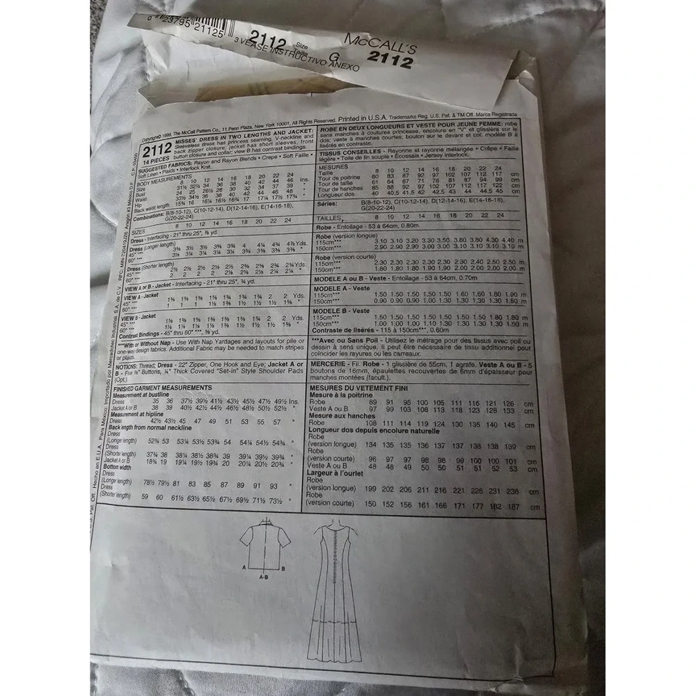Mccalls Three Hour Dress Jacket 2112 Uncut Size 20, 22, 24